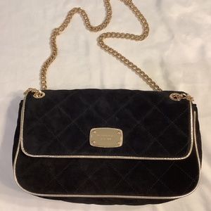 Michael Kors black velvet quilted clutch with gold chain hardware